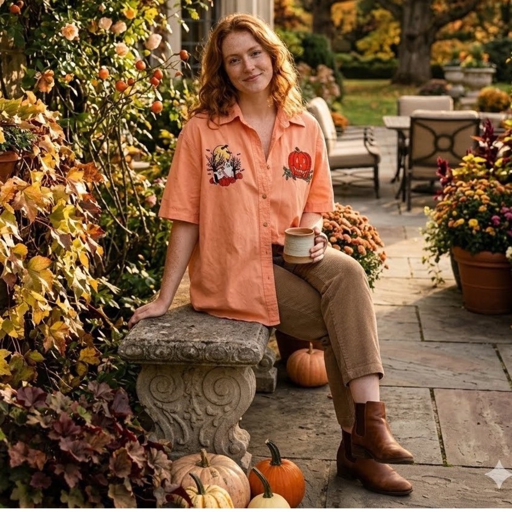 Crystal Springs Halloween Embroidered Button Down Shirt Orange Ghosts Pumpkin L